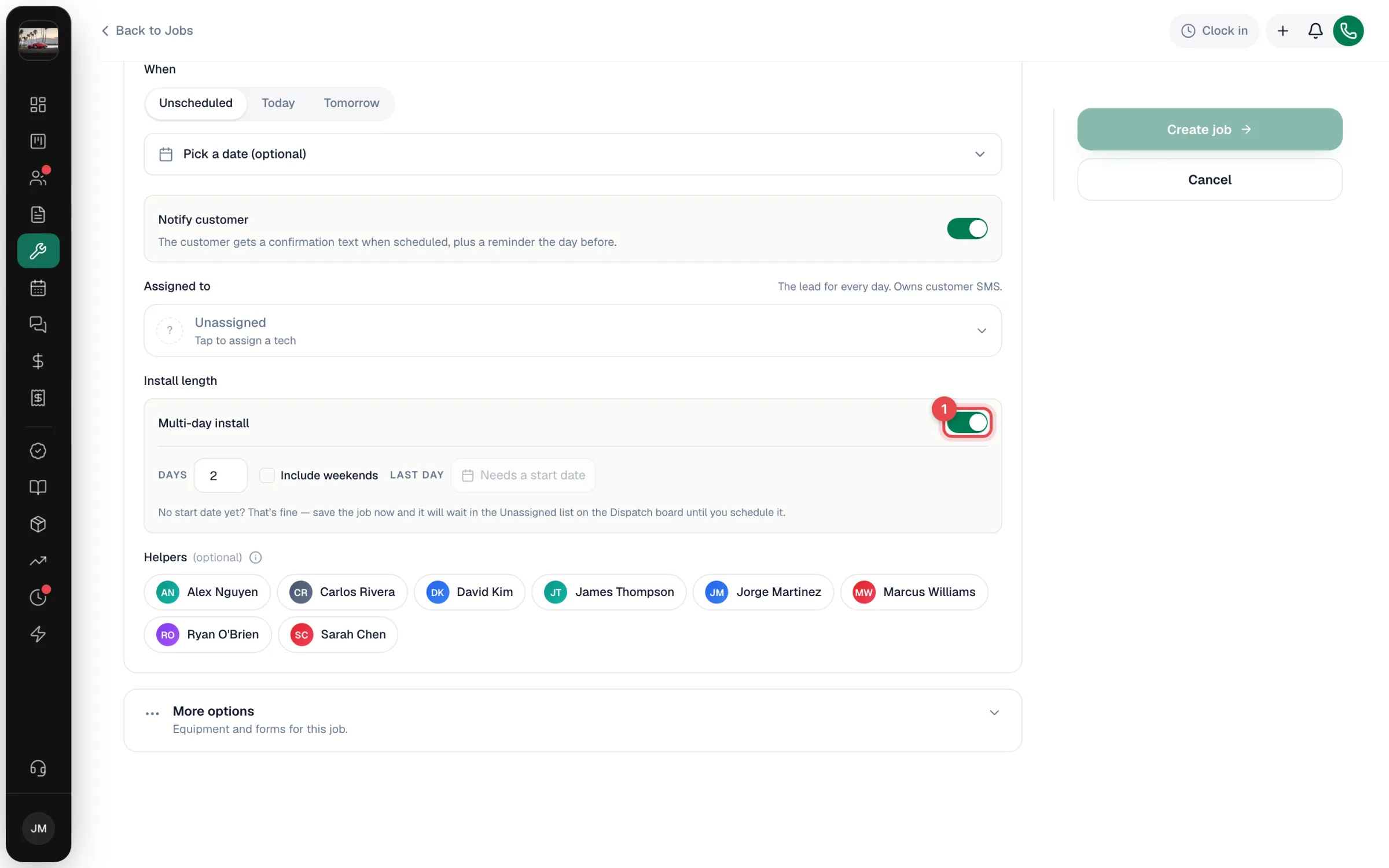 New job form with the Multi-day install switch turned on, the Days field, Include weekends and Last day
