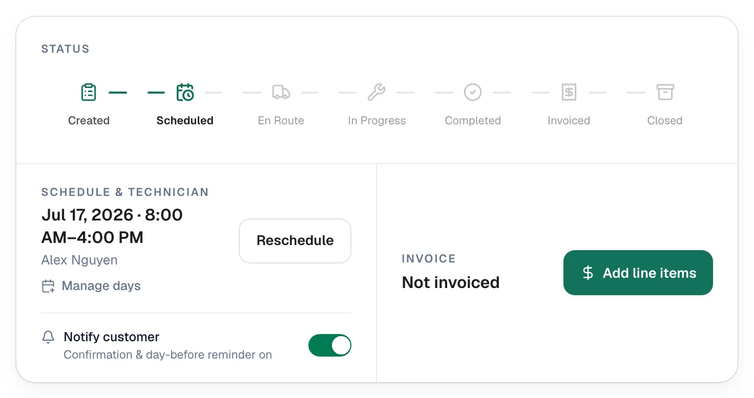 Job status card for a multi-day install with the Manage days link under the schedule