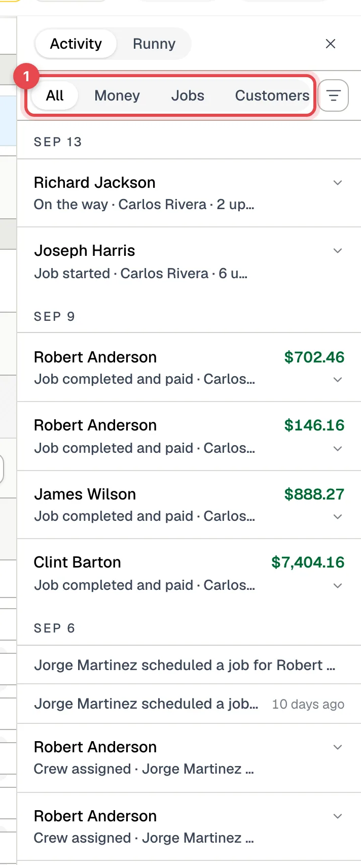 The Activity panel on the dispatch board with the All, Money, Jobs and Customers filters highlighted