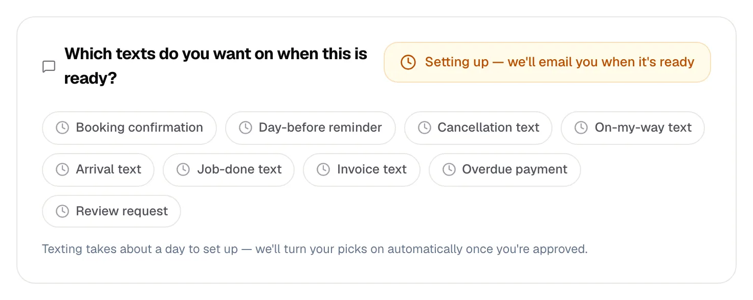 The Automations page while texting is being set up, listing the texts you'll be able to turn on