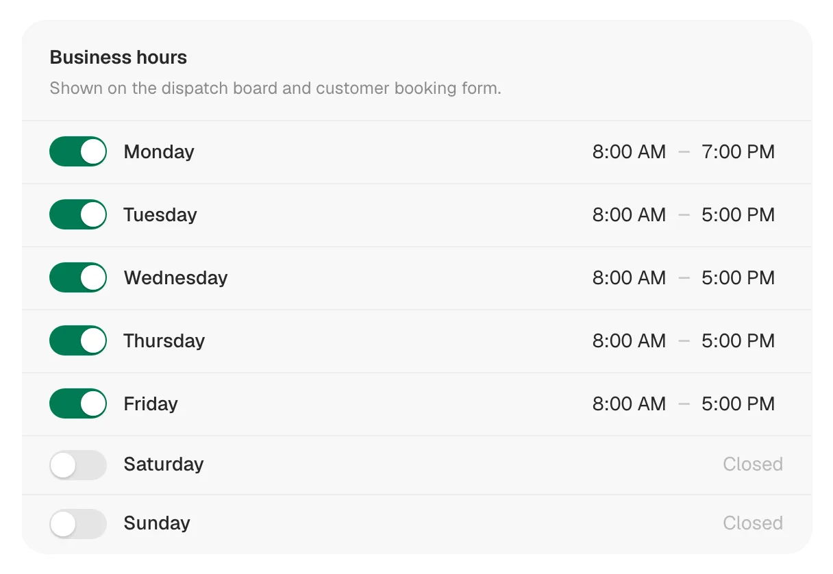 Business hours card with a switch, open time and close time for each day of the week