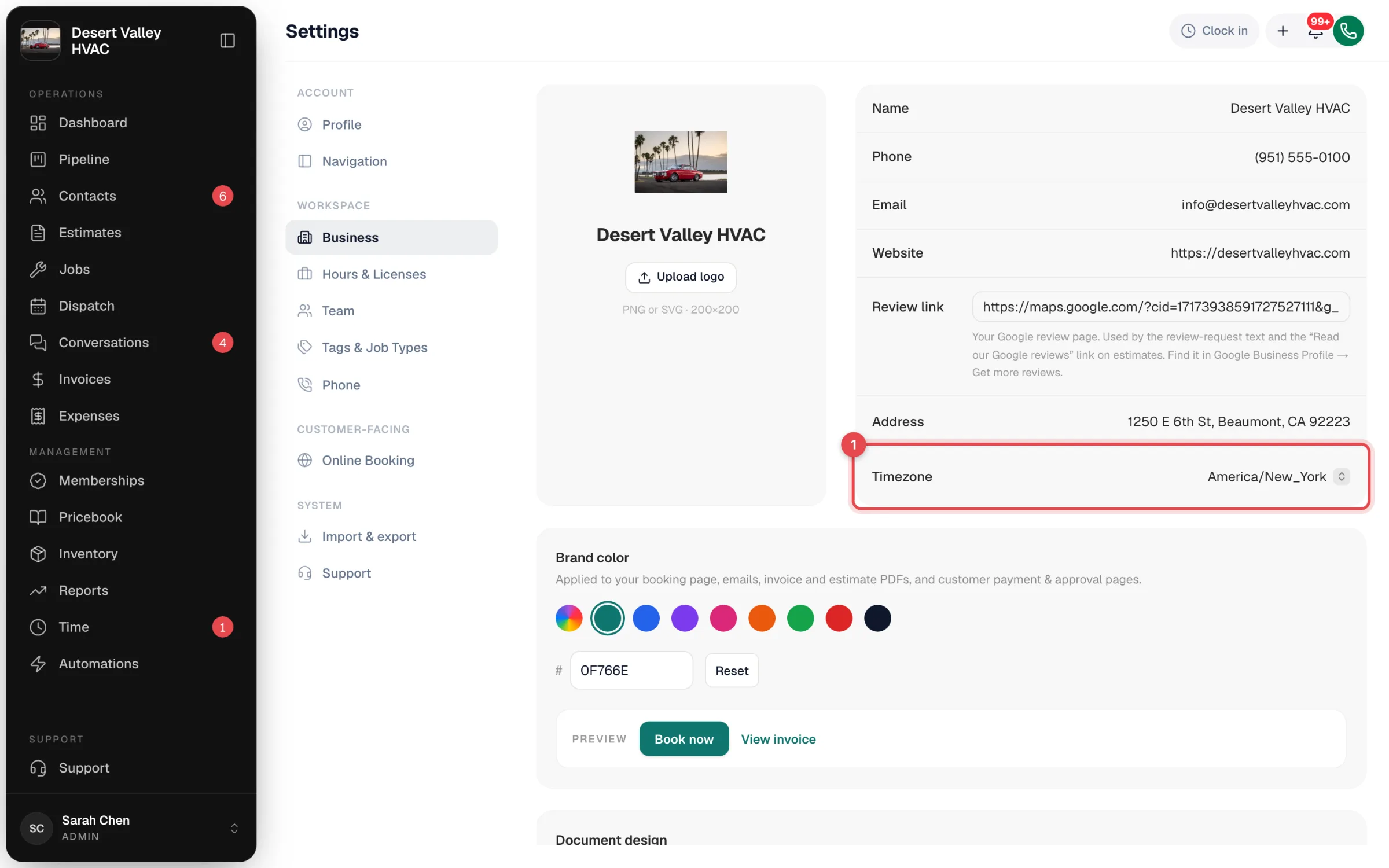 Business settings page with the Timezone row highlighted