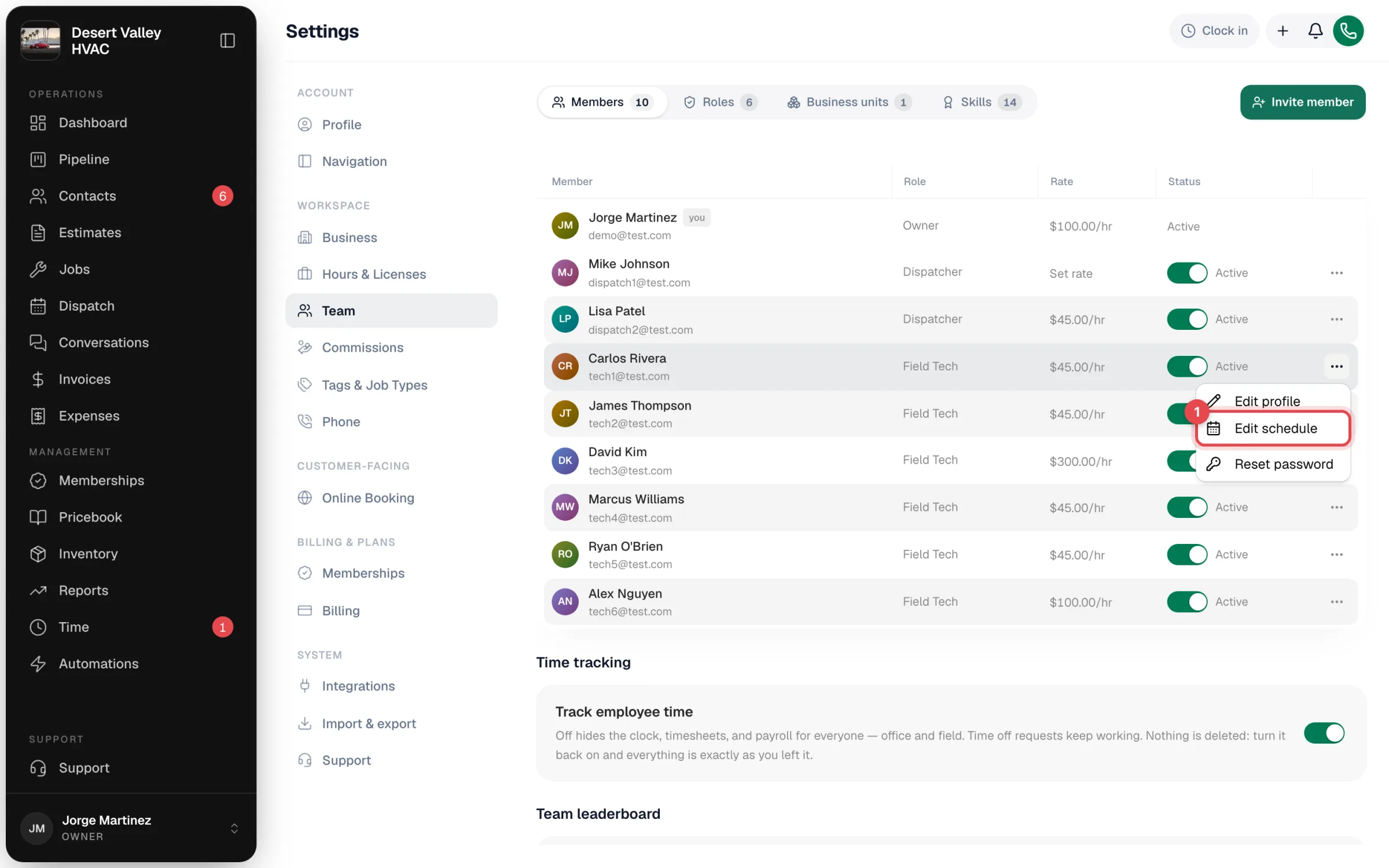 Team settings with the member menu open on a technician and Edit schedule highlighted