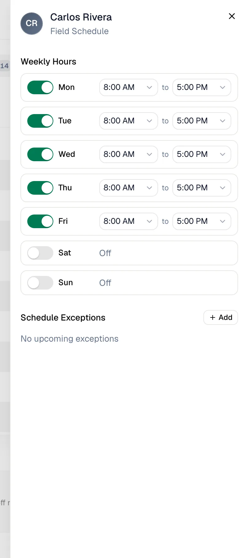 Schedule panel for a technician with weekly hours for each day and the Schedule Exceptions section