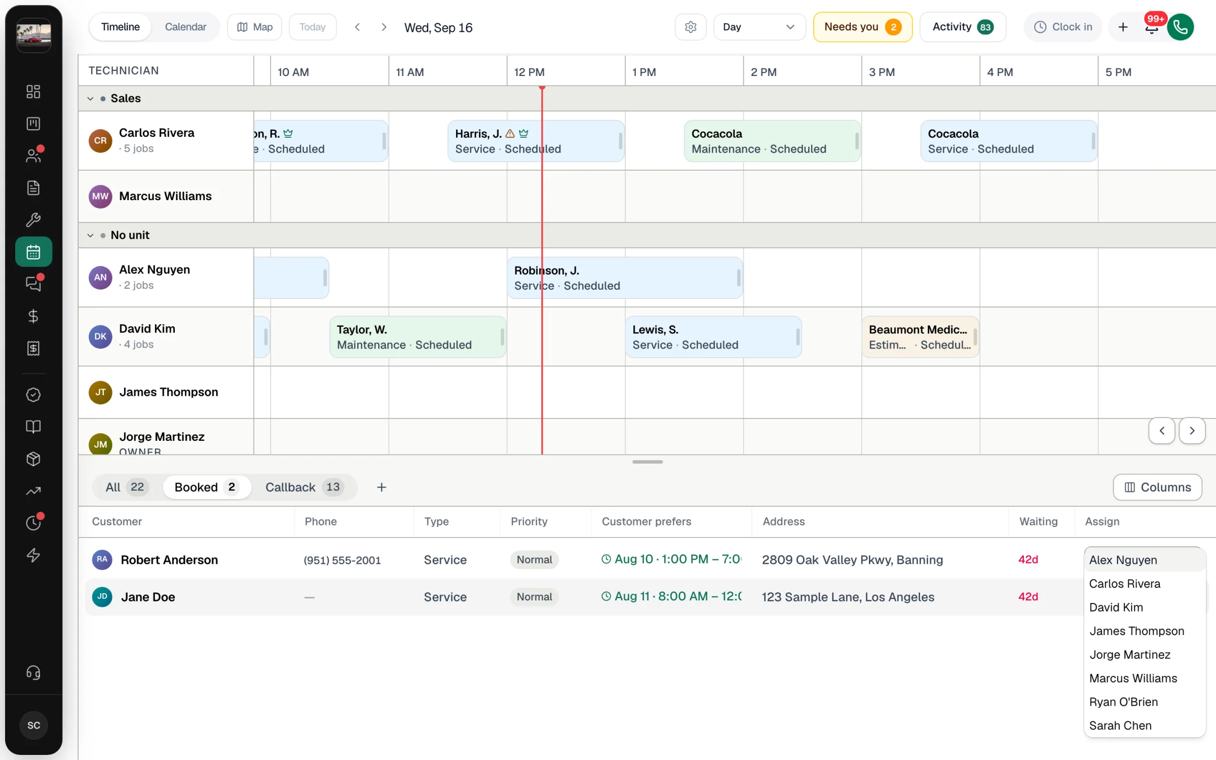 Queue on the Booked tab with the Assign dropdown open listing technicians