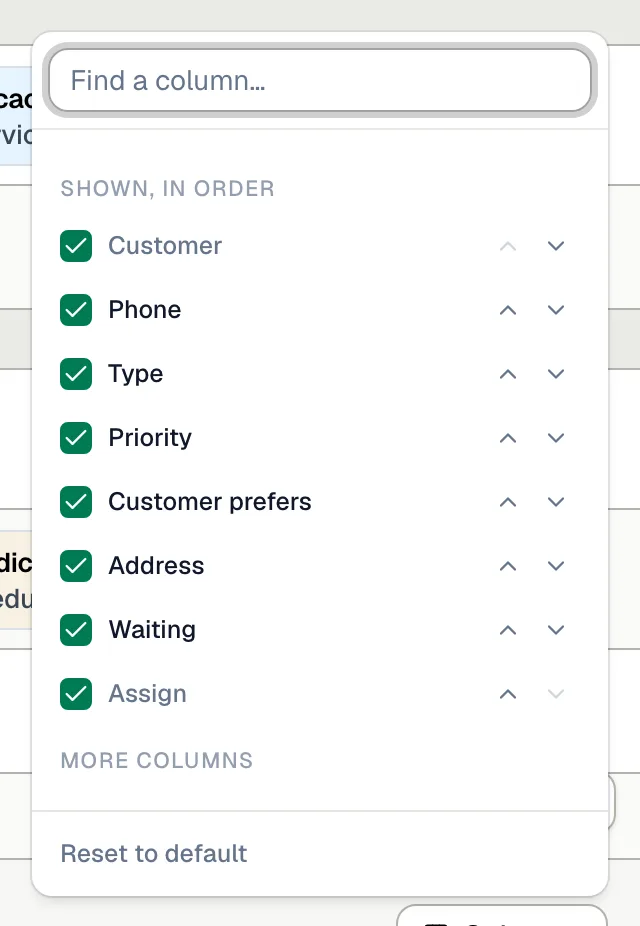 Columns menu for the queue with the list of shown columns and Reset to default