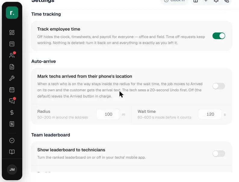Auto-arrive settings on the Team page: the switch, Radius and Wait time