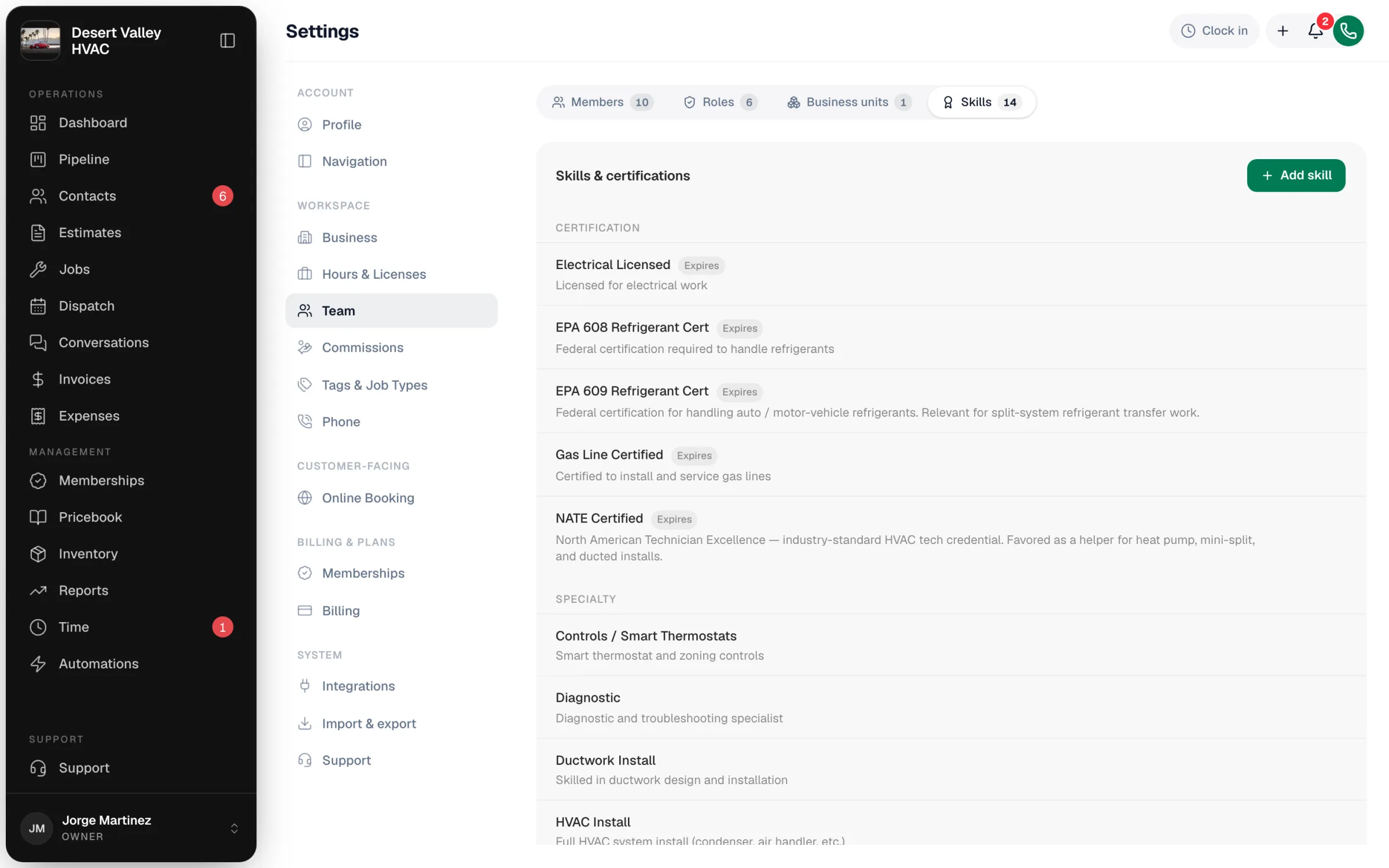 The Skills tab with the Skills & certifications catalog grouped by category