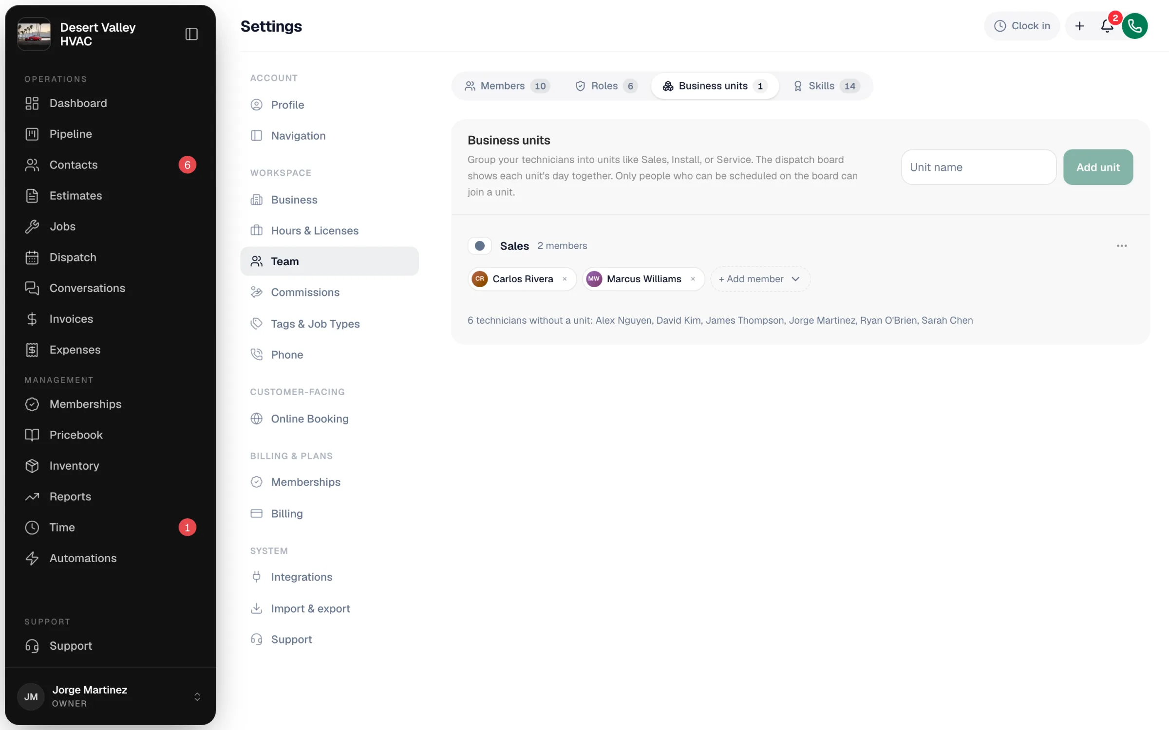 The Business units tab with a Sales unit, its members, and the Add member picker
