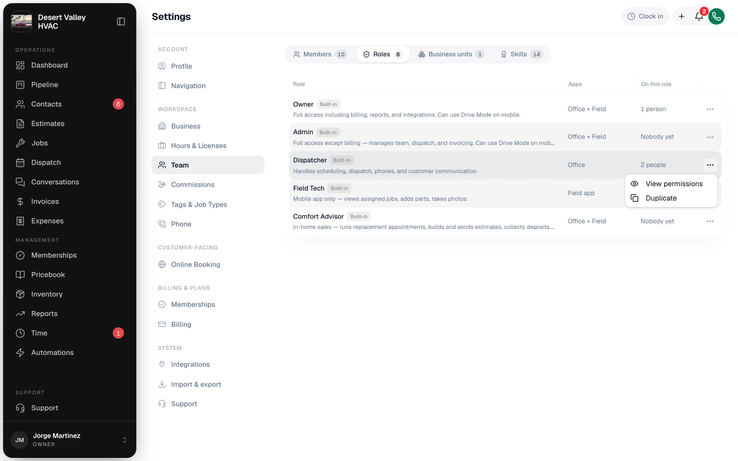 The role menu with View permissions and Duplicate