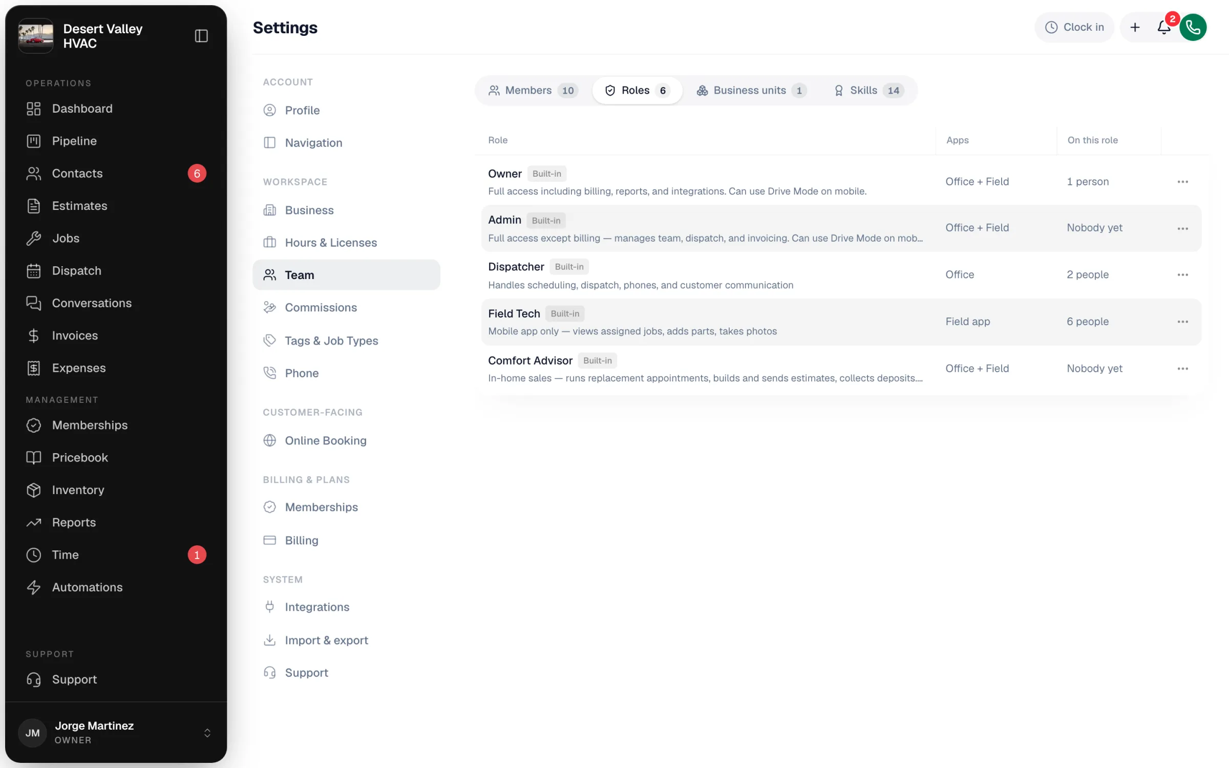 The Roles tab listing the built-in roles with the apps each uses and how many people are on it