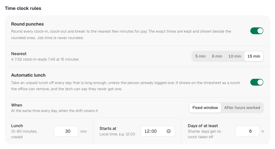 Settings → Team → Time clock rules with Round punches at 5 minutes and Automatic lunch after 6 hours worked