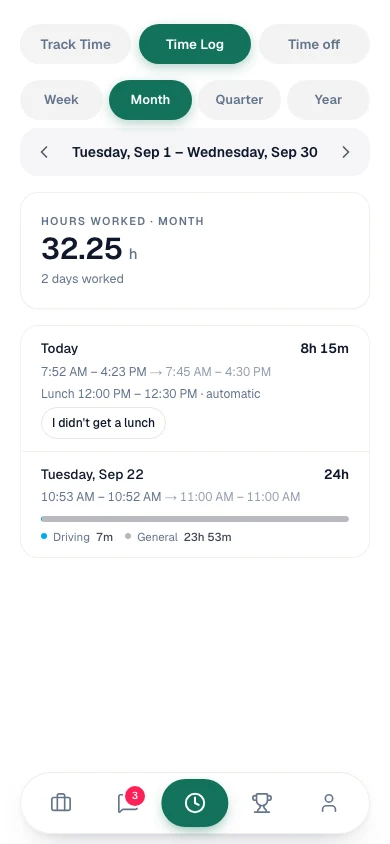 A tech's Time Log with the exact and paid windows side by side, the automatic lunch line, and the I didn't get a lunch button